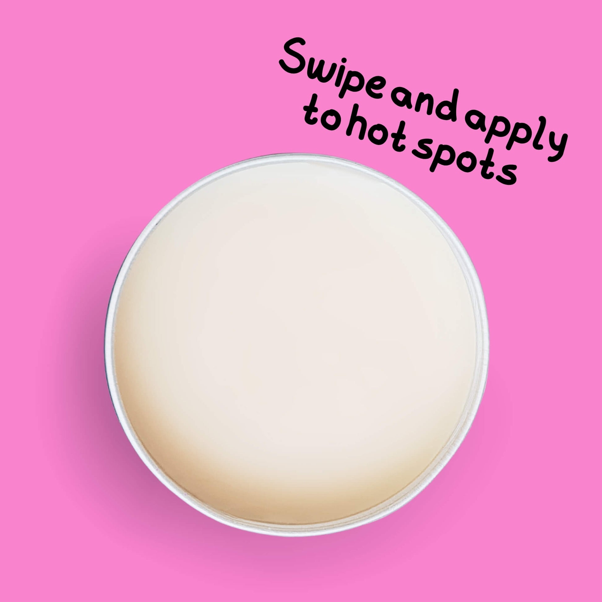 Open tin of skin lolli Killer Vanilla with text 'Swipe and apply to hot spots' on a pink background