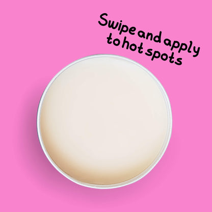 Open tin of skin lolli Killer Vanilla with text 'Swipe and apply to hot spots' on a pink background