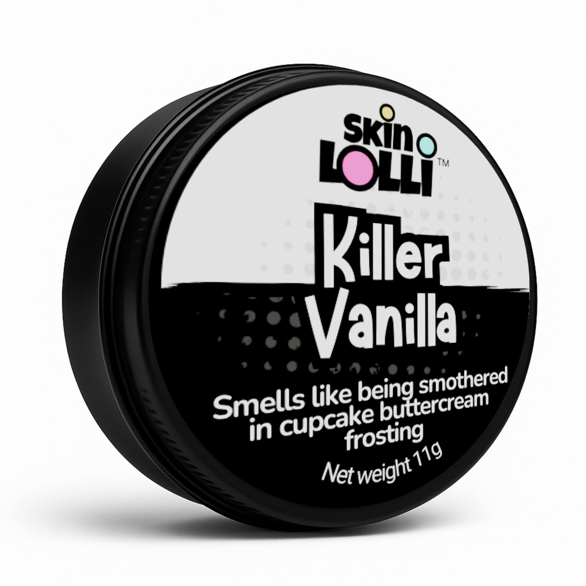 Jar of skin LOLLI Killer Vanilla swipe on scent on a white background