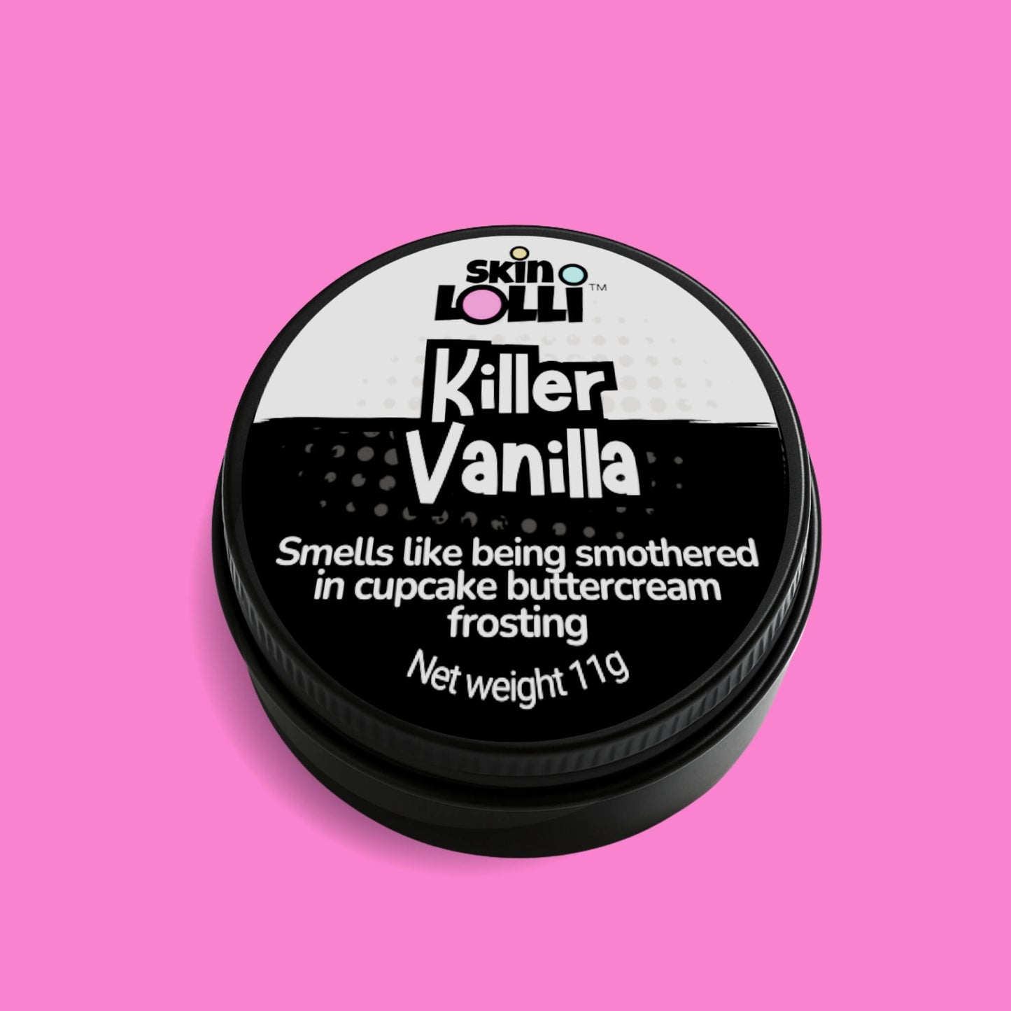 Jar of 'Killer Vanilla' by skin LOLLI on a pink background