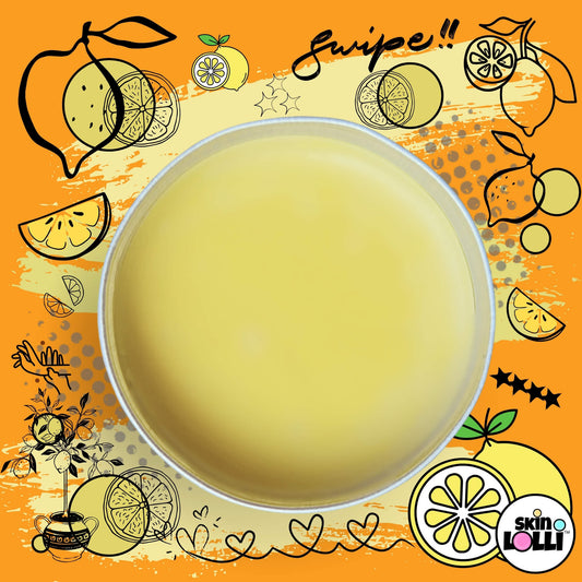 Open Tin of Skin LOLLI Lemon Pucker swipe on perfume surrounded by doodles of lemons