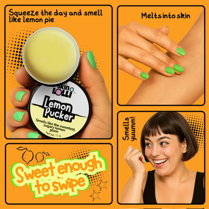 grid of 4 images of women holding and applying Skin LOLLI Lemon Pucker swipe on perfume. tagline reads, sweet enough to swipe, headlines read, squeeze the day and smell like lemon pie, melts into skin, smells yumm!