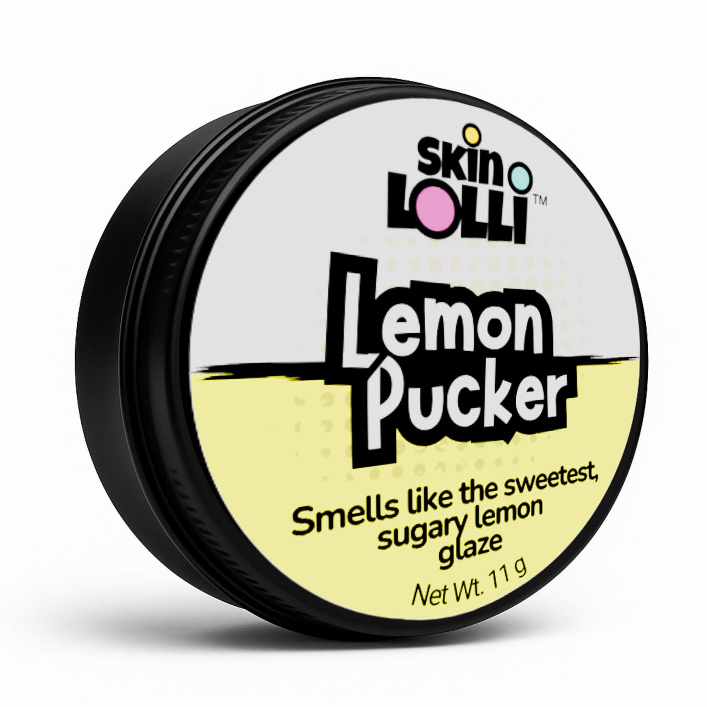 Tin of Skin LOLLI Lemon Pucker swipe on perfume on a white background