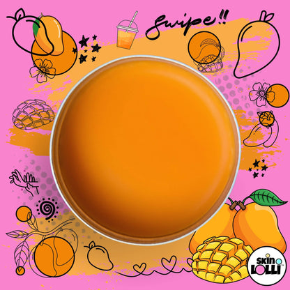 open tin of Skin LOLLI Mango Pirate swipe on scent surrounded by mango doodles