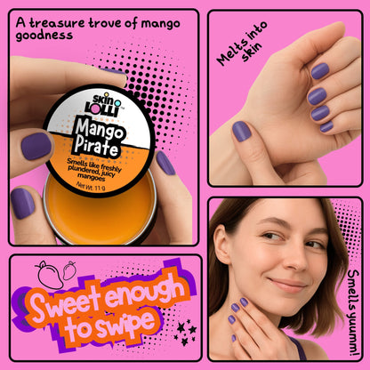 Grid of 4 images showing women holding and applying Skin Lolli Mango Pirate swipe on scent. Tagline reads, sweet enough to swipe. Headlines read, a treasure trove of mango goodness, melts into skin, smells yuumm!