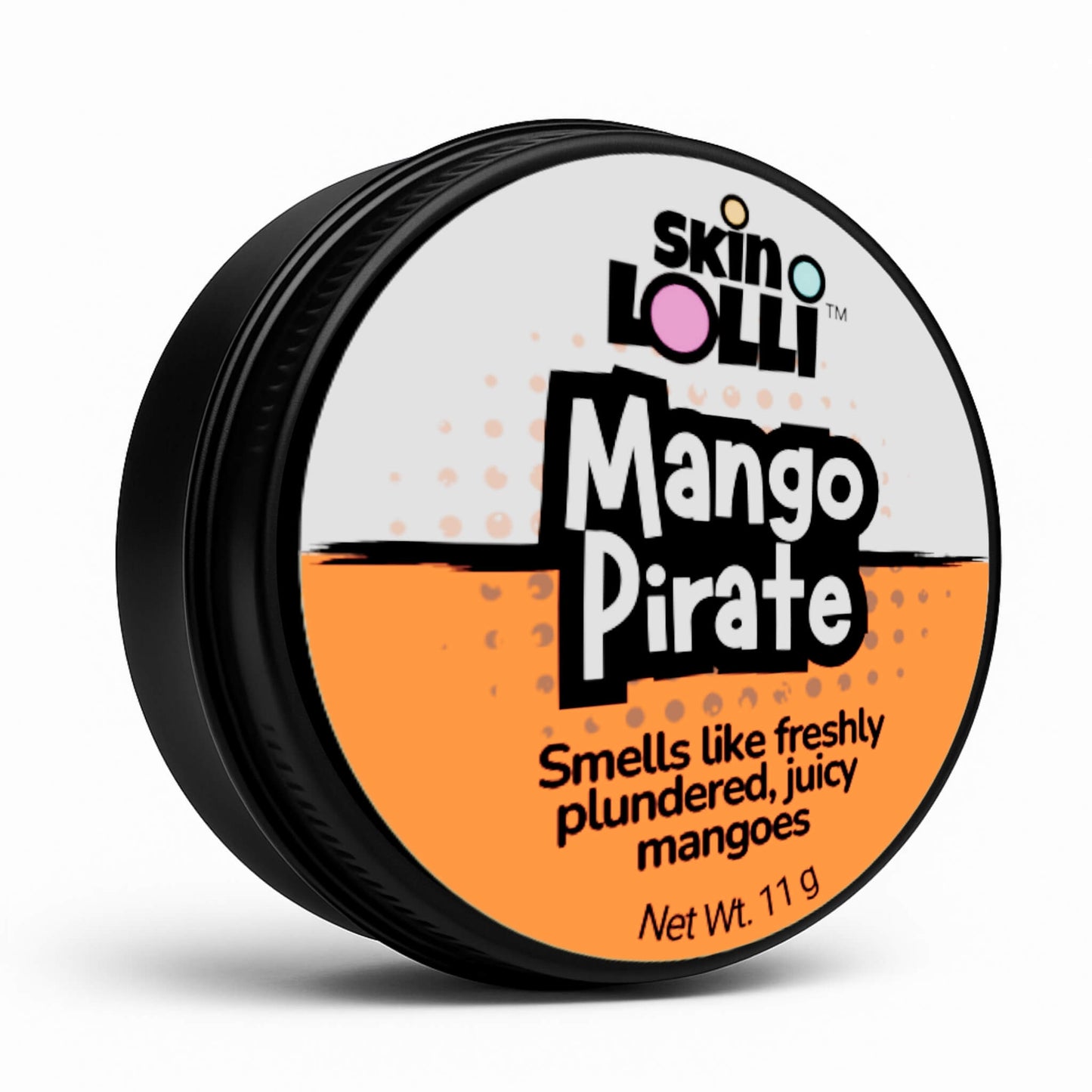 Tin of Skin LOLLI Mango Pirate swipe on scent on a white background