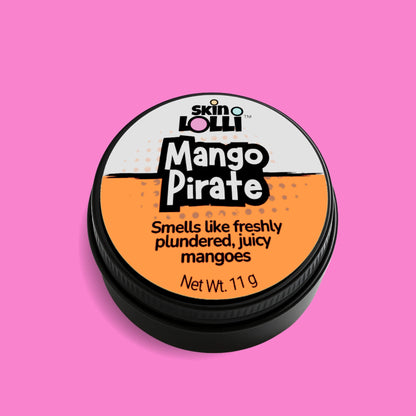 Tin of Skin LOLLI Mango Pirate swipe on scent on a pink background