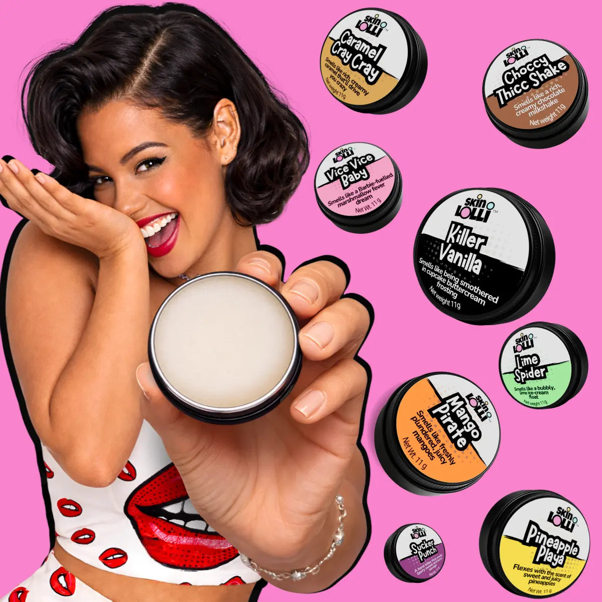 Retro pop art styled woman holding an open Skin Lolli up to camera while smelling her other wrist. Colourful tins of Skin Lollis are swirling around her