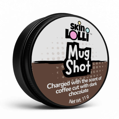Tin of Mug Shot by Skin Lolli on white background. description reads, charged with the scent of coffee cut with dark chocolate