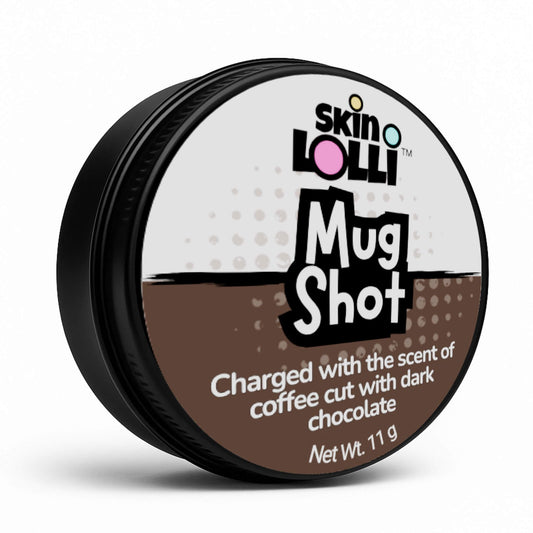 Tin of Mug Shot by Skin Lolli on white background. description reads, charged with the scent of coffee cut with dark chocolate