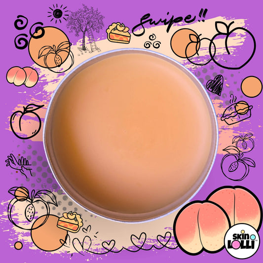 Open tin of Skin Lolli Peachy Cheeks swipe on peach scent surrounded by peach doodles on a purple background