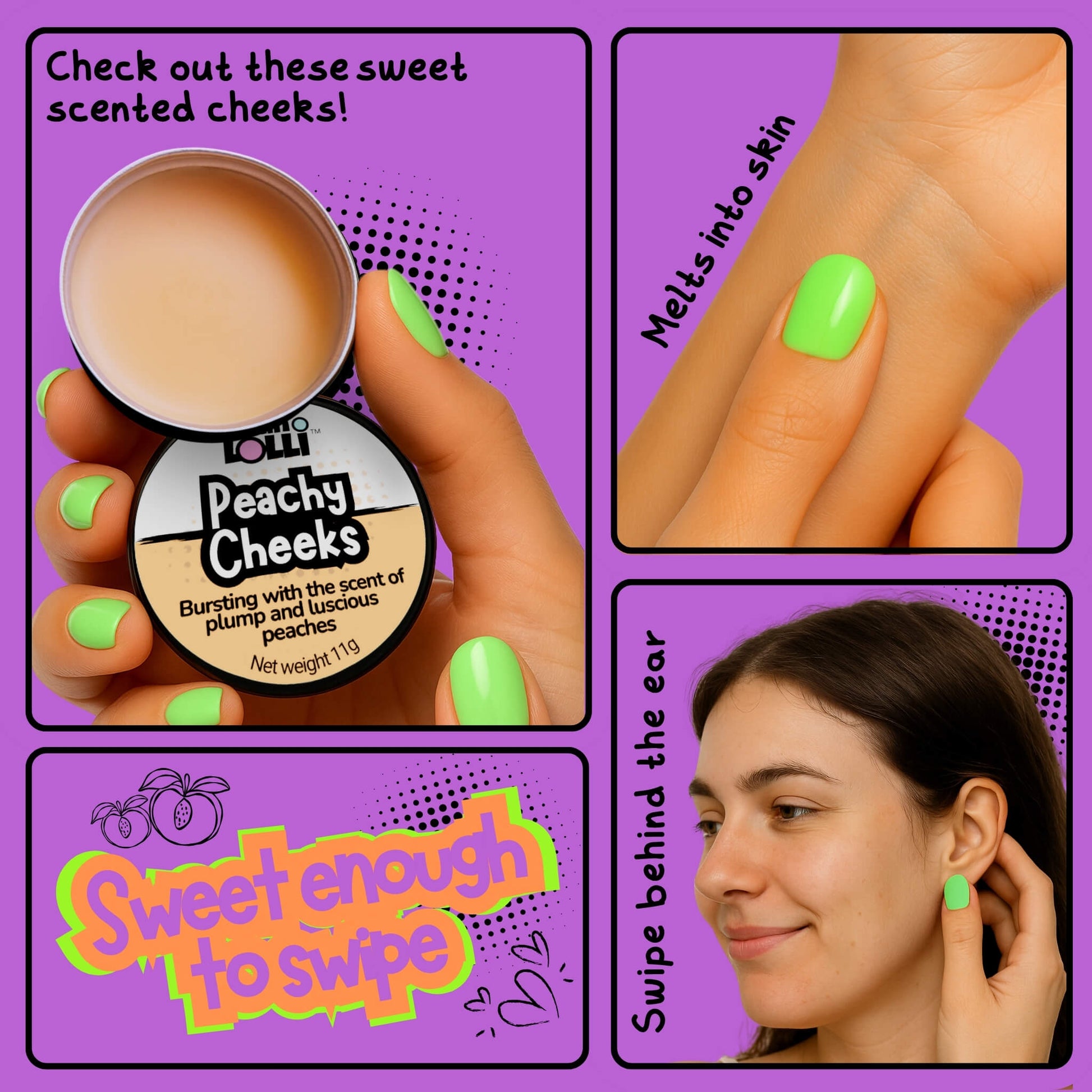 Grid of 4 images of girls holding and applying Skin Lolli Peachy Cheeks peach scented swipe on balm. 