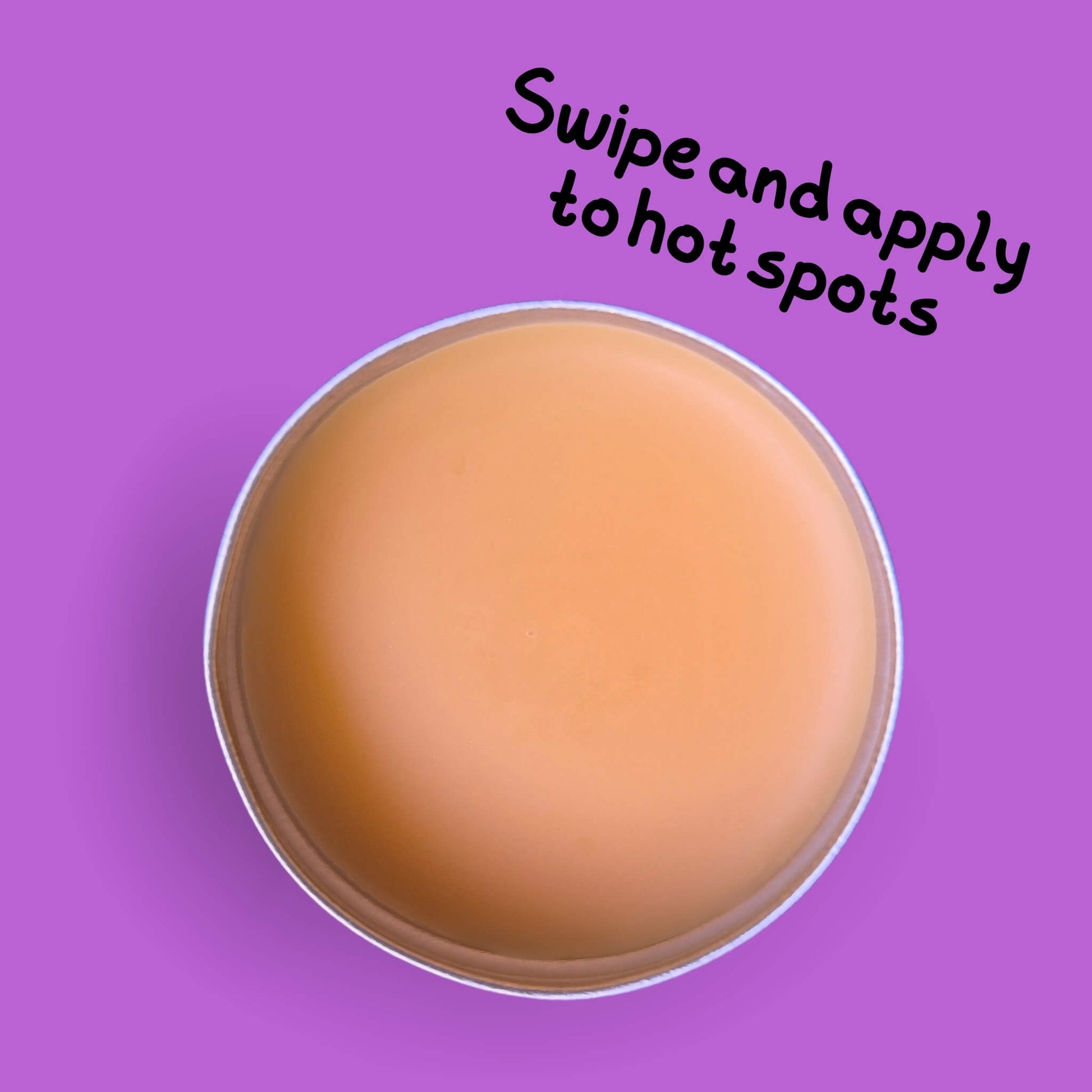 Open tin of Skin Lolli Peachy Cheeks perfume with text 'Swipe and apply to hot spots' on a purple background