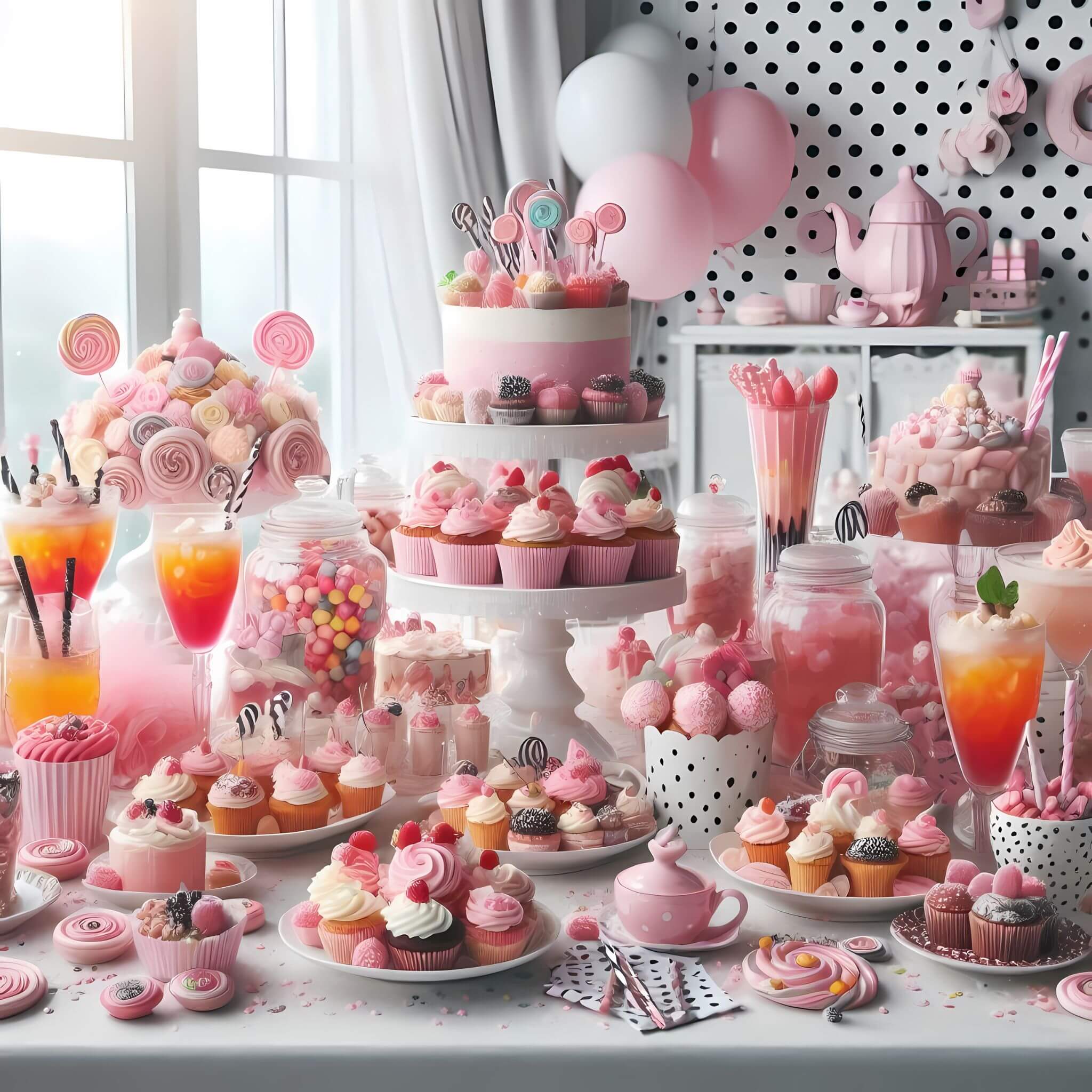 colourful fantasy dessert party with cupcakes, cockails, lollipops, pink balloons, pink tea set, and jar of colourful gumballs