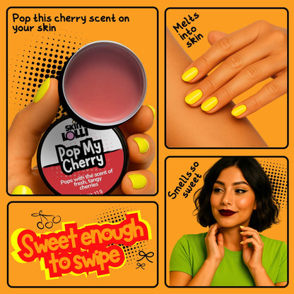 Grid of 4 images of women holding and applying Skin Lolli Pop My Cherry solid scent. tagline reads, sweet enough to swipe. Headlines read, pop this cherry scent on your skin, melts into skin, smells so sweet