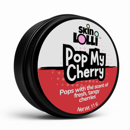 Tin of 'Pop My Cherry' swipe-on scent by Skin Lolli on a white background