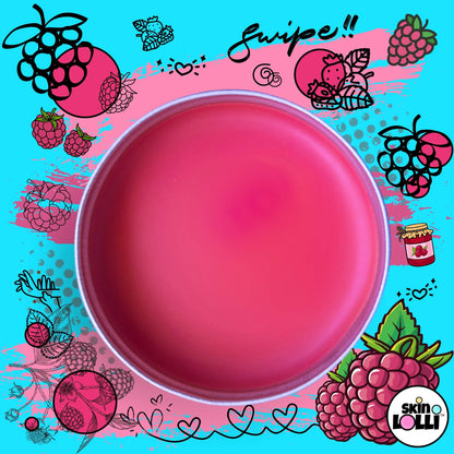 Open tin of raspberry rizz by Skin Lolli surrounded by raspberry doodles on a blue background