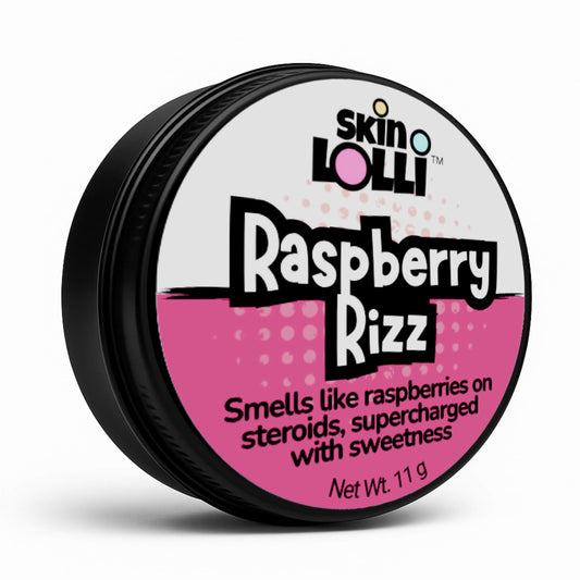 Tin of Skin Lolli Raspberry Rizz swipe-on solid perfume on a white background