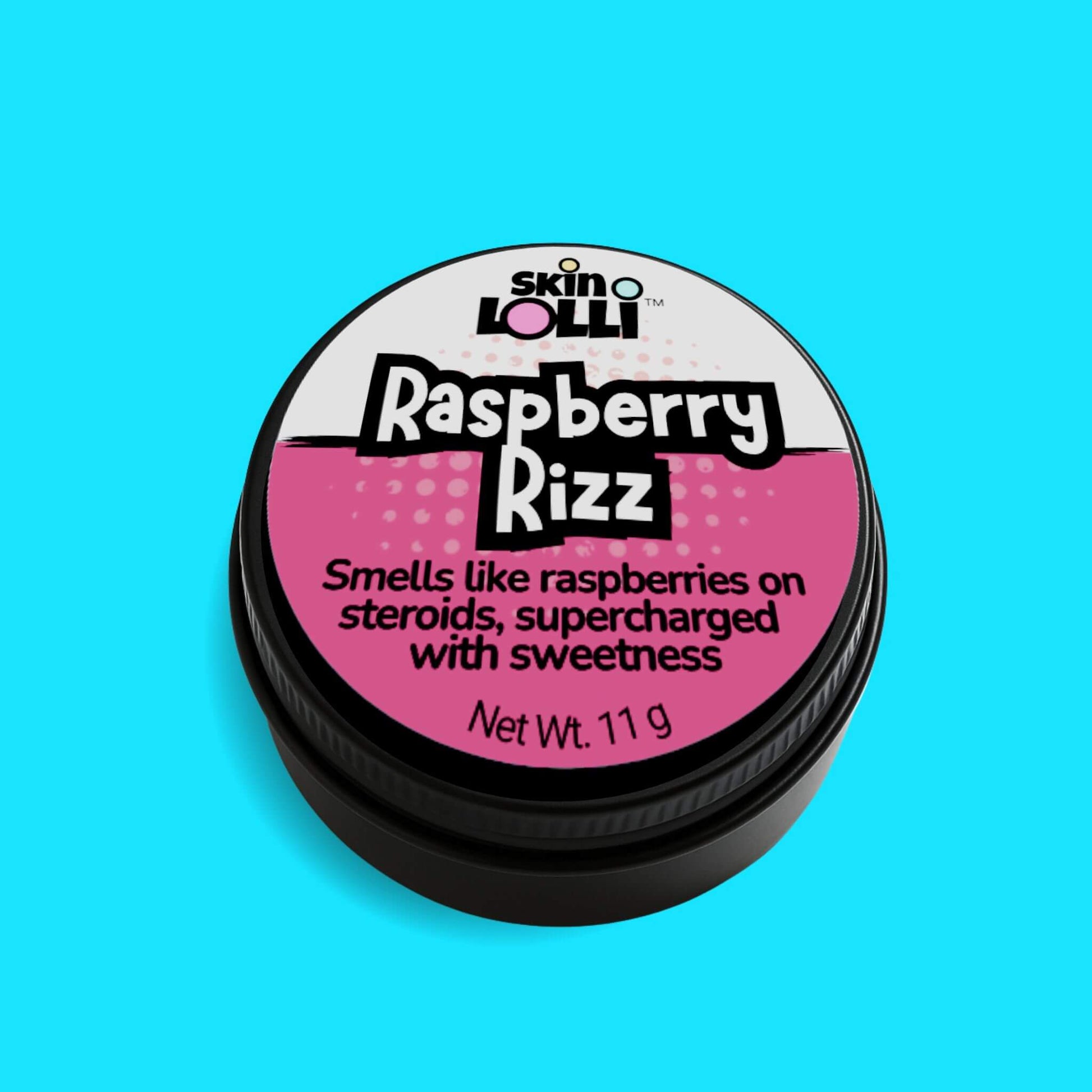 tin of raspberry rizz by Skin Lolli on a blue background