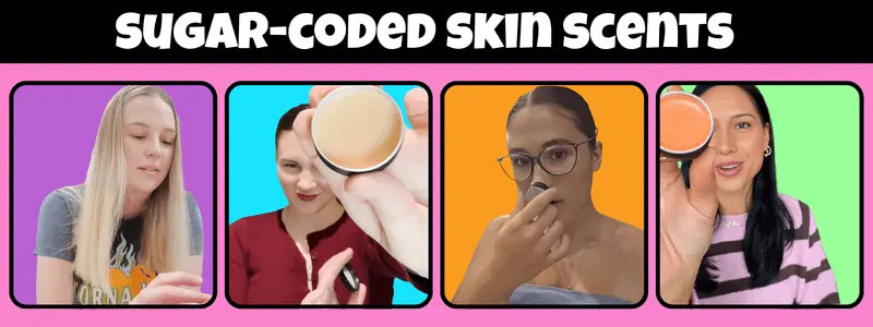 grid of 4 women applying or holding different Skin Lollis on a pink background. Heading reads, Sugar-coded skin scents