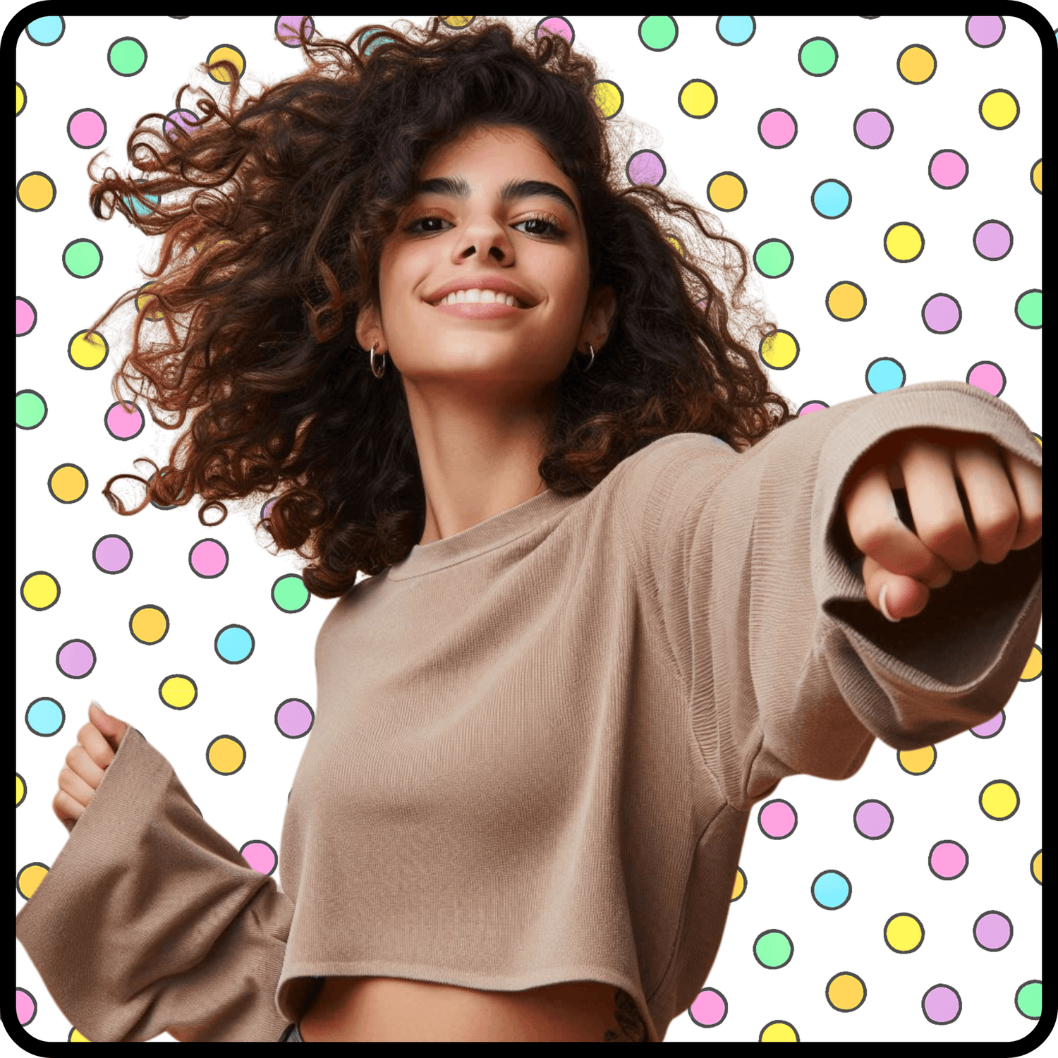 smiling girl in motion with one hand punching out to the screen against a backdrop of candy colored polka dots which represent Skin Lolli perfume tins