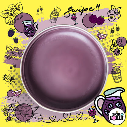 Open tin of Sucker Punch swipe on scent by Skin Lolli on yellow background surrounded by purple berry and sangria doodles