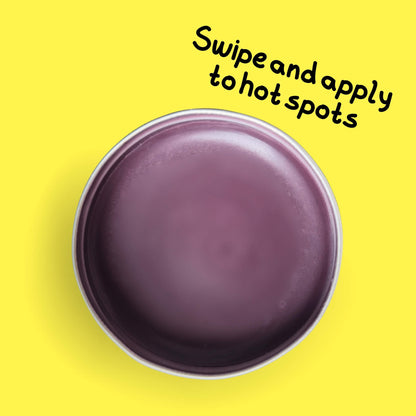 Open tin of Sucker Punch which is light purple on a yellow background and text 'Swipe and apply to hot spots'.