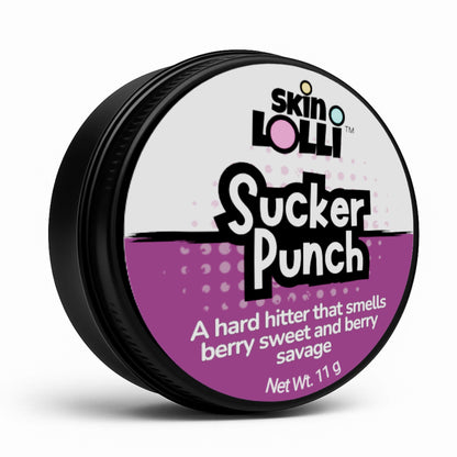 Tin of Skin LOLLI Sucker Punch berry scented balm on a white background. 