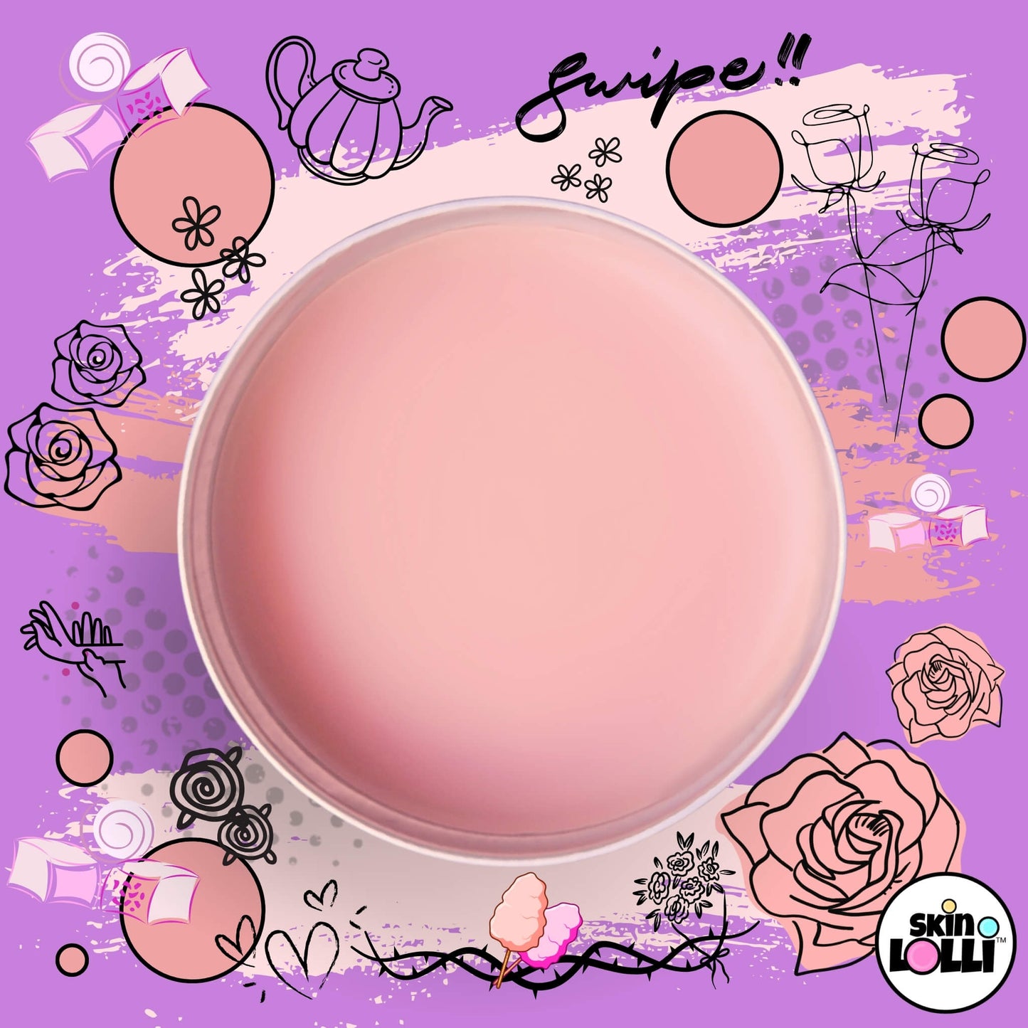 open tin of skin lolli Thorn Star rosewater swipe on scent surrounded by doodles of roses and turkish delight