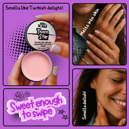 grid with 4 images of girls holding and applying Thorn Star by Skin loll. Rosewater and turkish delight swipe on scent. tagline reads sweet enough to swipe. headlines read, smells like turkish delight, melts into skin, smells delish