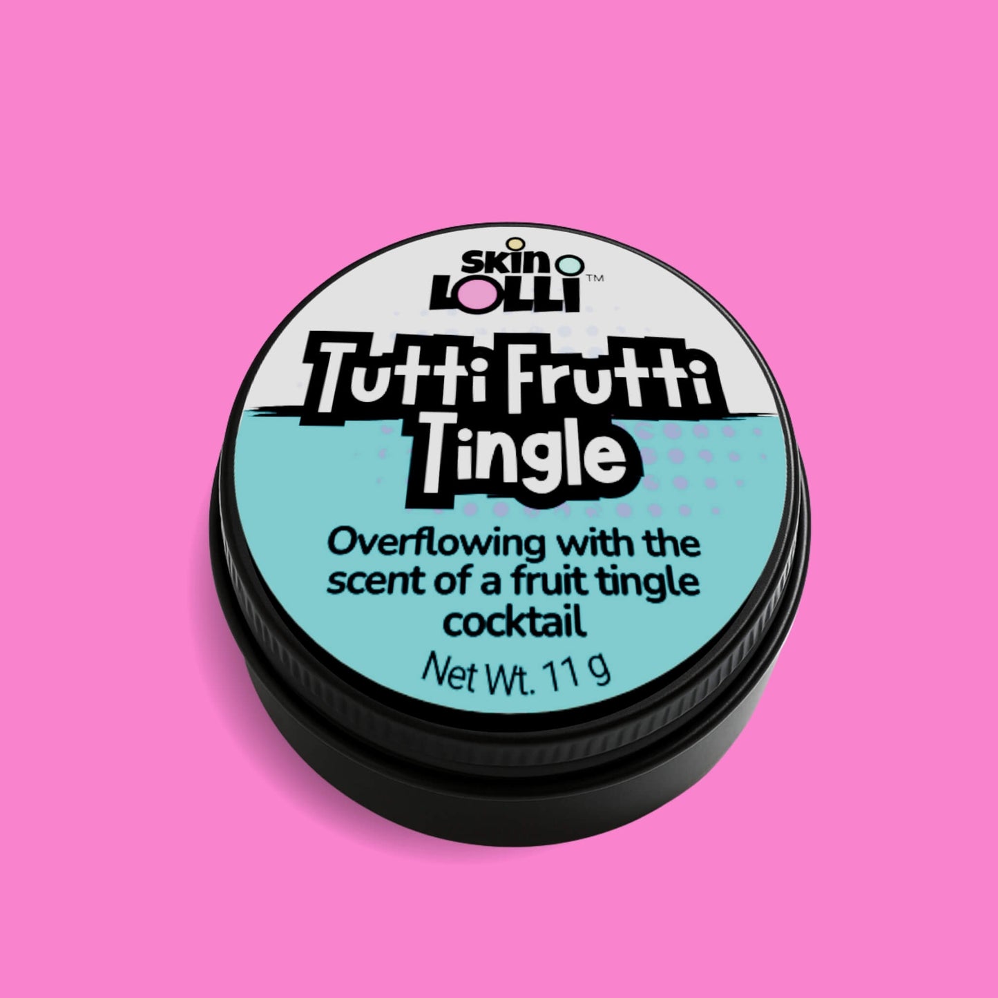 tin of Skin Lolli Tutti Frutti Tingle tin on a pink background