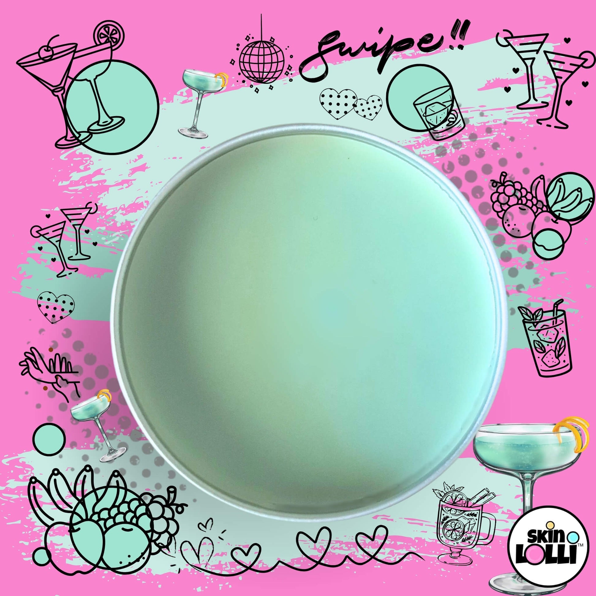 open tin of Skin Lolli Tutti Frutti Tingle which is light blue surrounded by doodles of fruity cocktails on a pink background