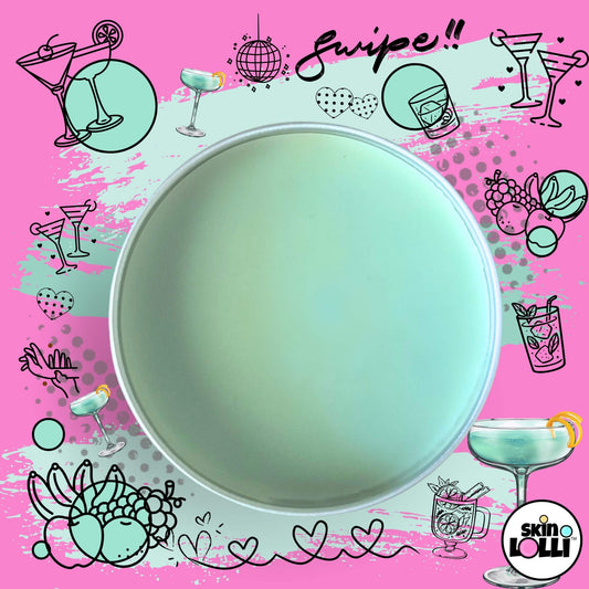 open tin of Skin Lolli Tutti Frutti Tingle which is light blue surrounded by doodles of fruity cocktails on a pink background