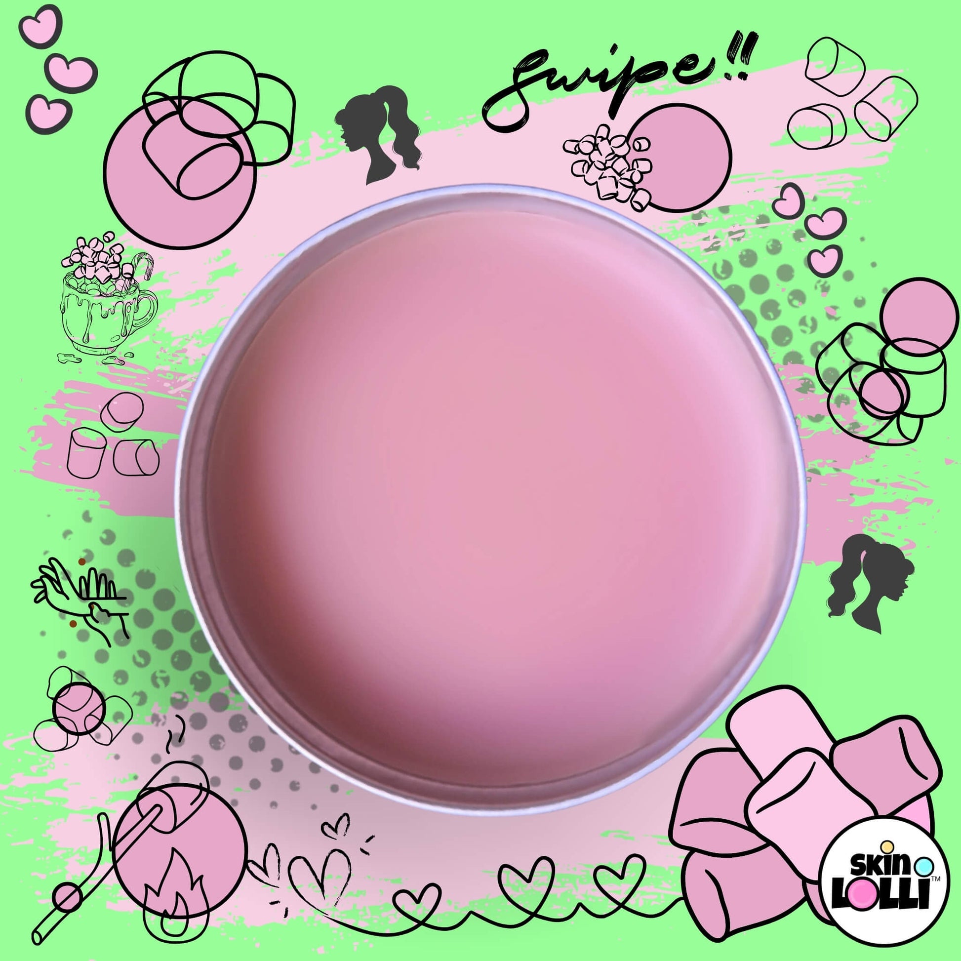 open tin of vice vice baby, a pink swipe on scented balm, surrounded by marshmallow doodles