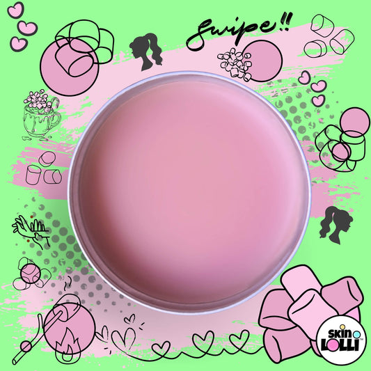 open tin of vice vice baby, a pink swipe on scented balm, surrounded by marshmallow doodles