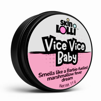 tin of Skin Lolli Vice Vice Baby swipe on scent with black and pink design on a white background