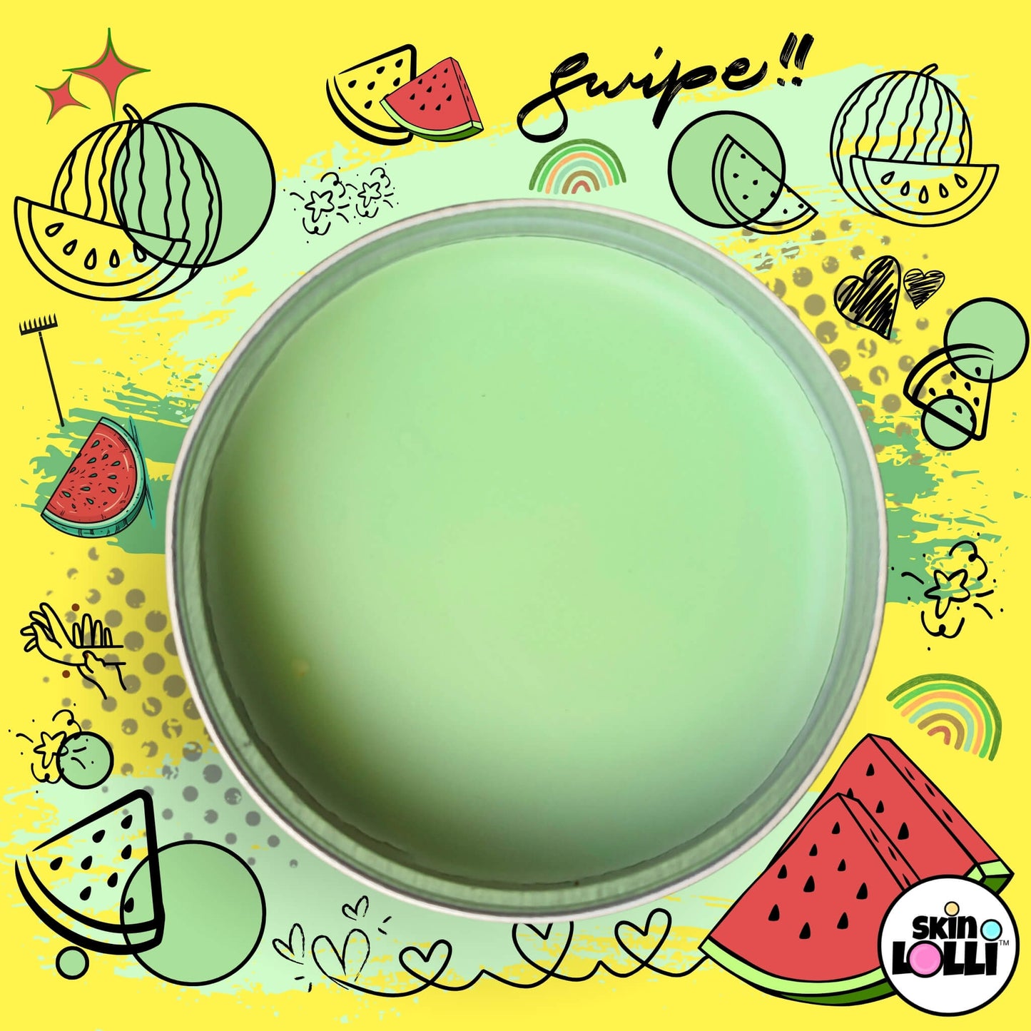 open tin of Skin Lolli Waterfelon - watermelon swipe-on scent surrounded by watermelon doodles on a yellow background