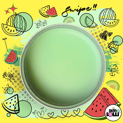 open tin of Skin Lolli Waterfelon - watermelon swipe-on scent surrounded by watermelon doodles on a yellow background
