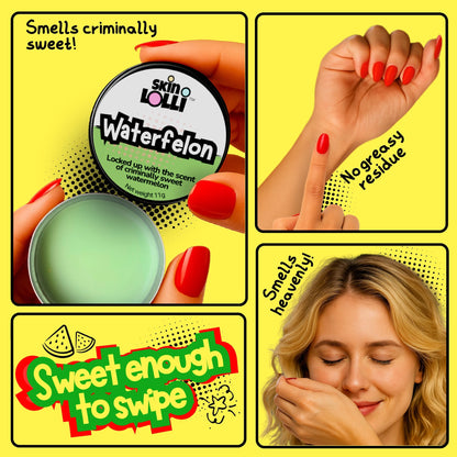 grid of 4 images of girls holding applying waterfelon by Skin Lolli to wrists and neck. tagline reads, sweet enough to swipe. headlines read, smells criminally sweet, no greasy residue, smells heavenly