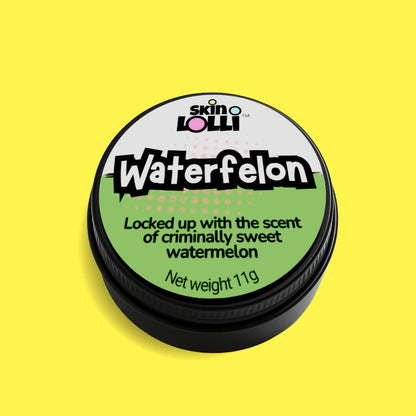tin of Skin Lolli Waterfelon - watermelon swipe-on scent on yellow background